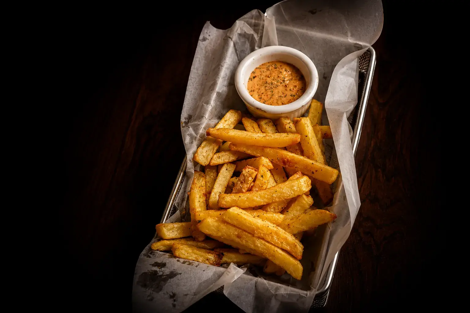 A box of loaded fries with dip