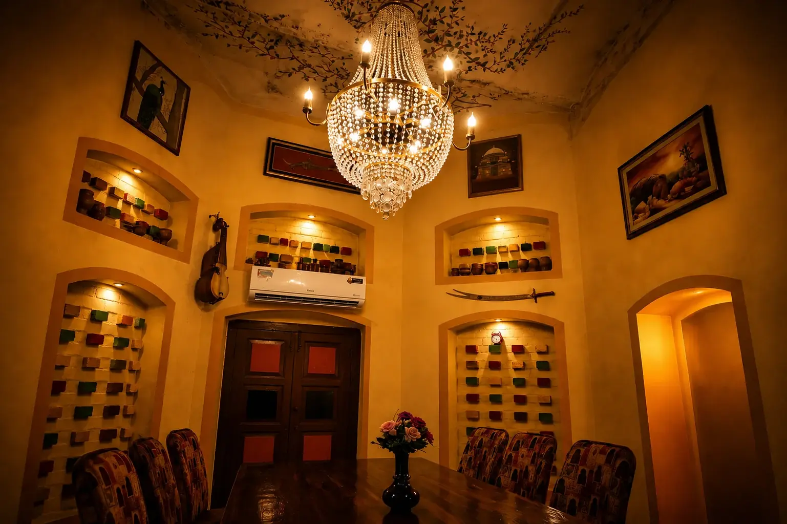 The main hall at Shahi Rasoi under its chandelier