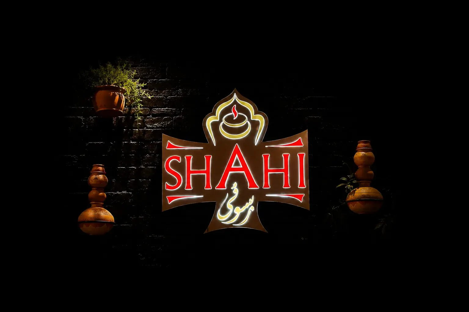 The illuminated Shahi Rasoi sign on the dark feature wall